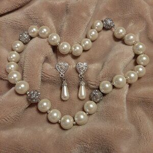 VINTAGE Ivory Pearl Drop Earrings and Necklace Set w Crystals | Coastal Grandma